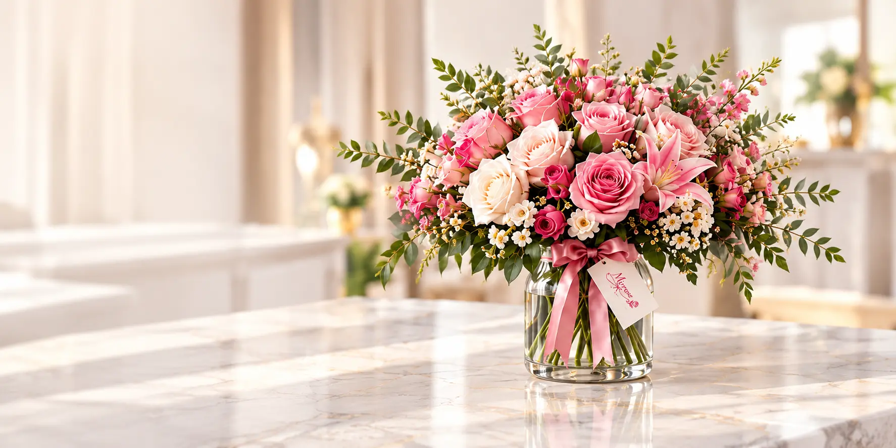 Elegant pink and cream floral bouquet by Mirrose