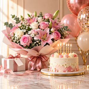 Birthday flowers and balloons