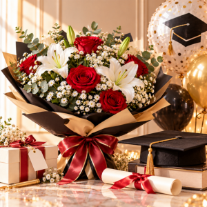 Graduation gift and flowers