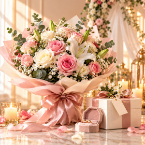 Wedding flowers and rings